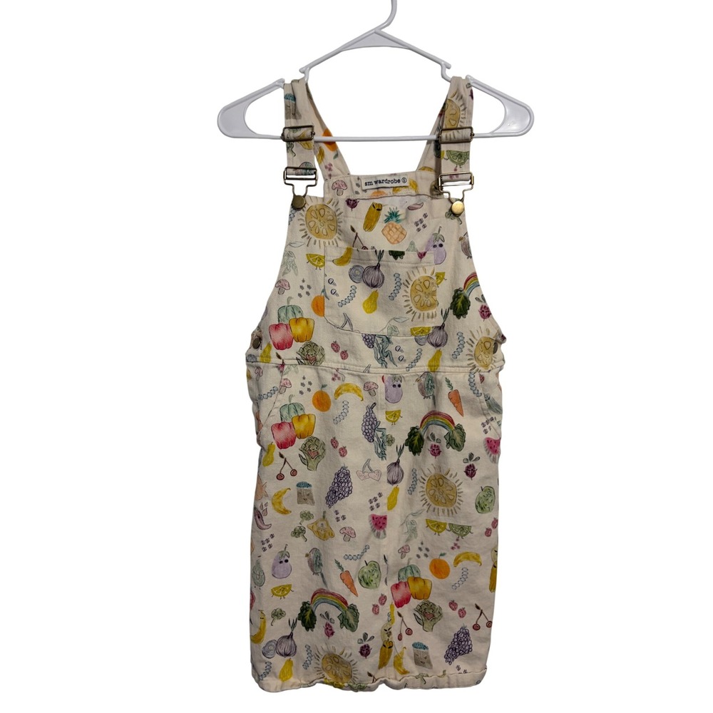 Happy Fruit Vegetable Print Cream Cotton Pinafore Overall Dress Small